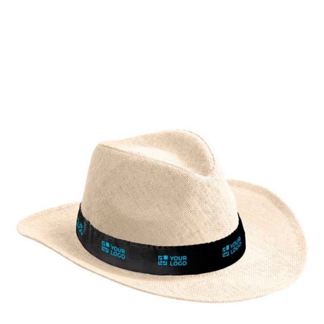 Sombrero de papel en color natural con cinta de color personalizable color negro vista principal