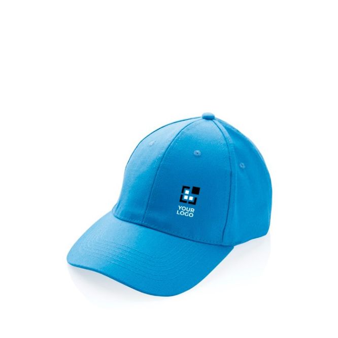 Gorra de algodón reciclado de 6 paneles y trazador AWARE™ 280 g/m2 color azul claro vista de impresión
