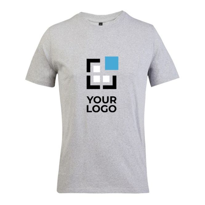 Camiseta promocional unisex de materiales reciclados de cuello redondo color gris claro vista de impresión
