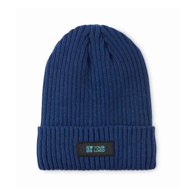 Gorro de punto unisex en varios colores con parche para personalizar color azul vista de impresión