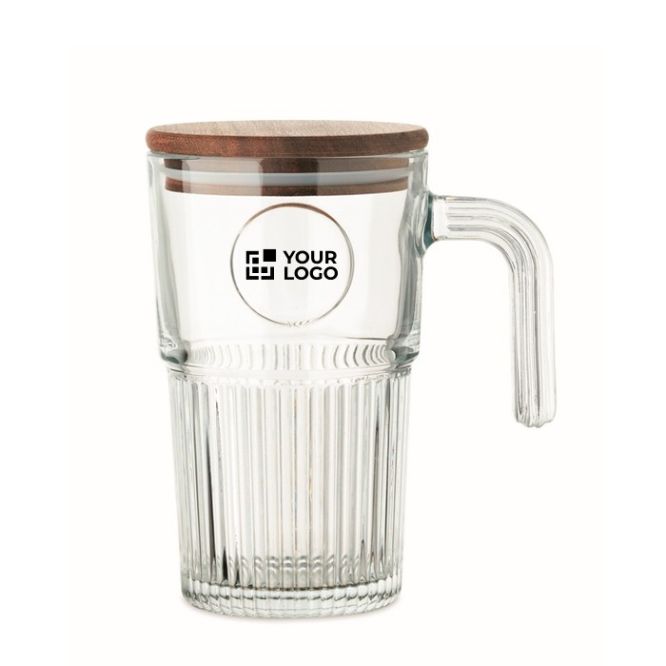 Taza grande de cristal estriado con tapa de madera y asa 450ml