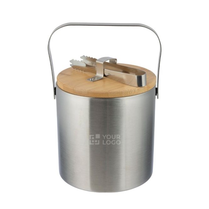 Cubitera de acero inoxidable de doble pared con tapa de bambú