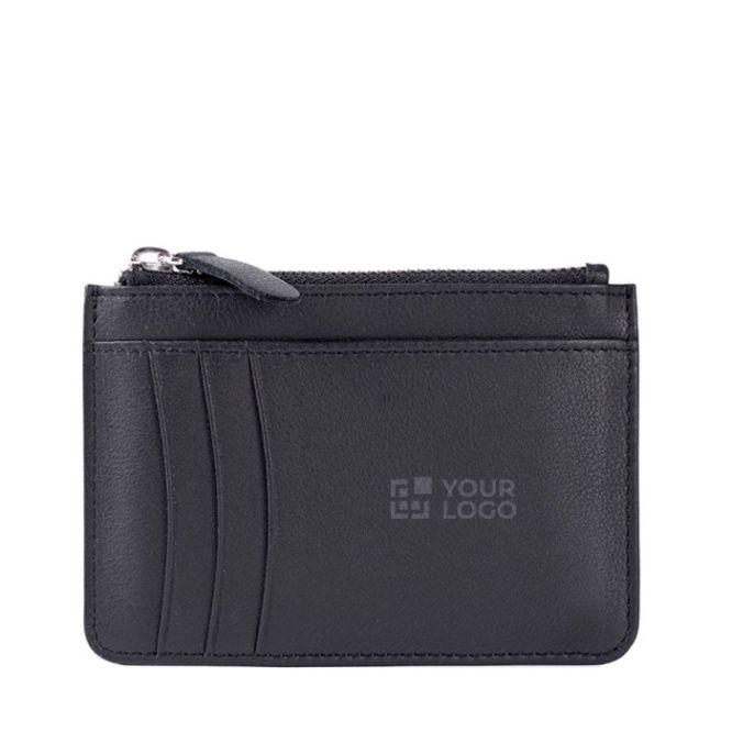 Cartera-tarjetero de cuero negro con cierre de cremallera en el medio
