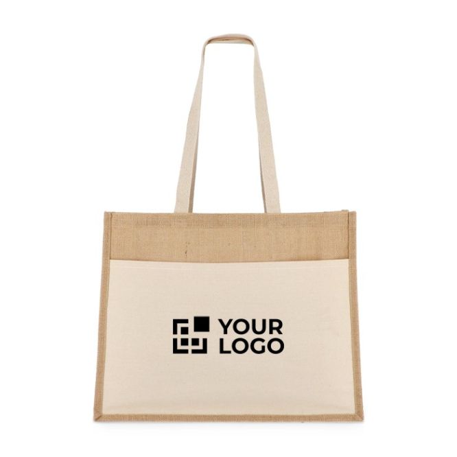 Bolsa de yute con bolsillo frontal de algodón y asas a juego 320 g/m2