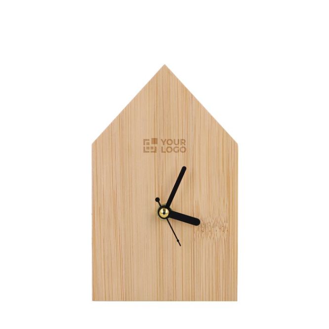 Reloj de sobremesa hecho de bambú en forma de casa para personalizar