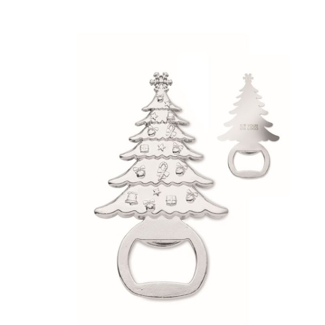 Abrebotellas edición navideña en forma de árbol de navidad color plateado mate vista de impresión