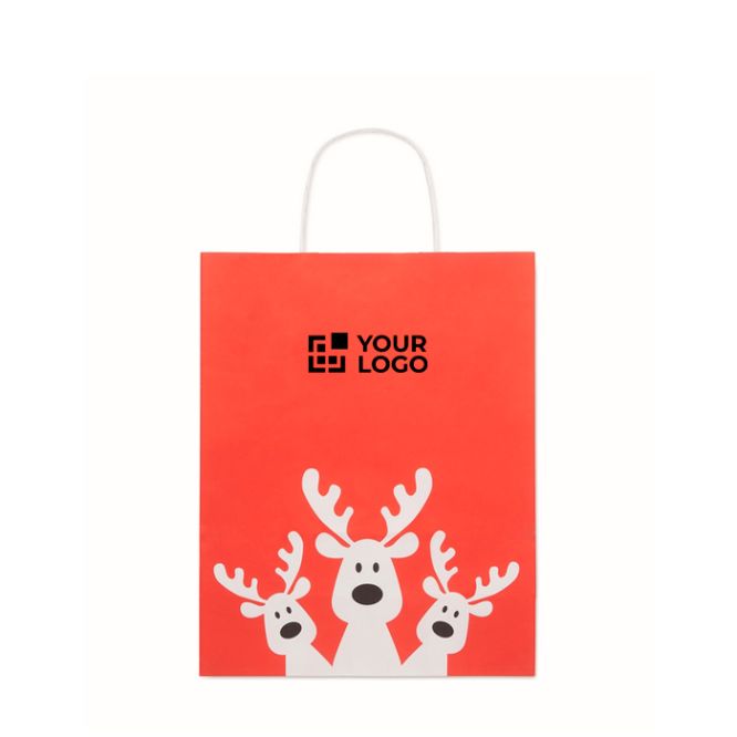 Bolsa de regalo navideña de papel en tamaño mediano hecho en EU color rojo vista de impresión