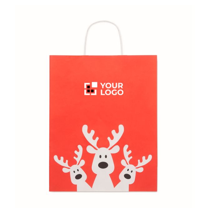 Bolsa de regalo navideña de papel en tamaño grande hecho en EU color rojo vista de impresión