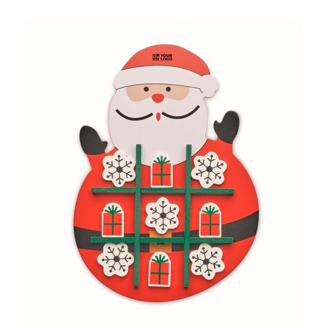 Juego de tres en raya de madera versión navideña en tablero de Santa color rojo vista de impresión