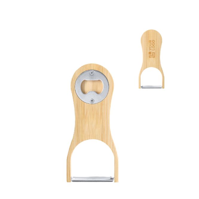 Pelador y abridor 2 en 1 de bambú y acero inoxidable para personalizar