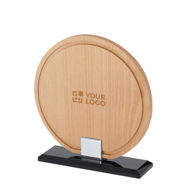 Placa trofeo redonda de madera con base de vidrio negro