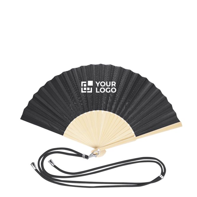 Abanico de poliéster con varillas de bambú y cuerda de transporte