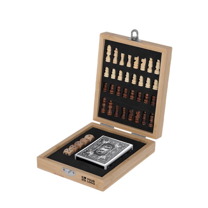 Set de juegos en bambú con tablero de ajedrez y estuche