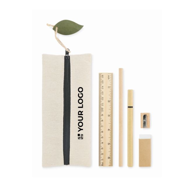 Set de escritura en bolsa de yute con varios útiles escolares