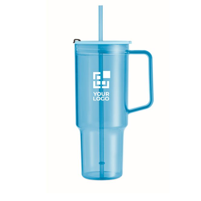 Vaso portátil translucido de RPET con tapa y pajita 1.2L