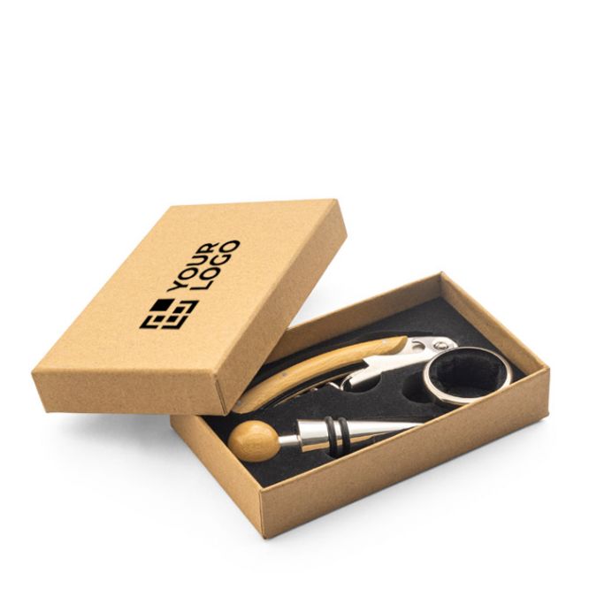 Set de vino en bambú y acero inoxidable con 3 accesorios