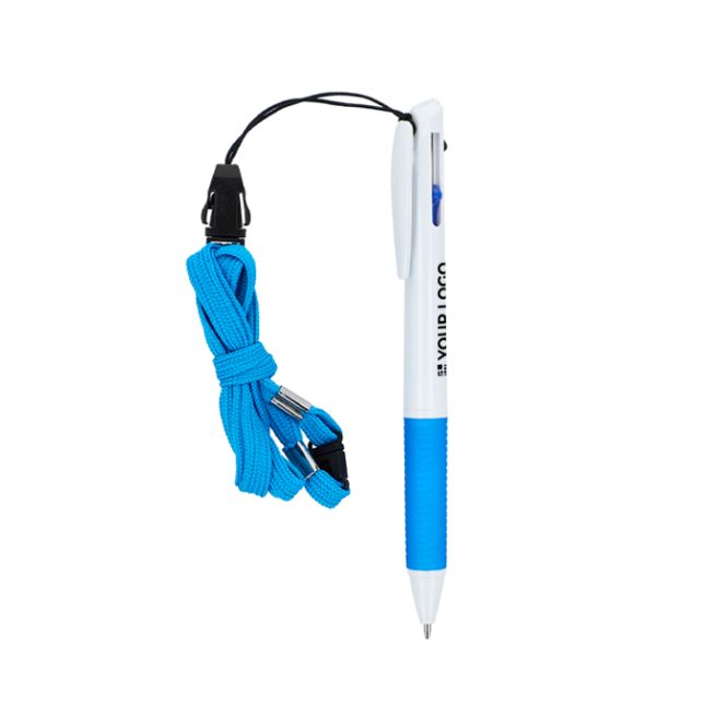 Bolígrafo con agarre y cordón para llaves con tinta azul, negro y rojo
