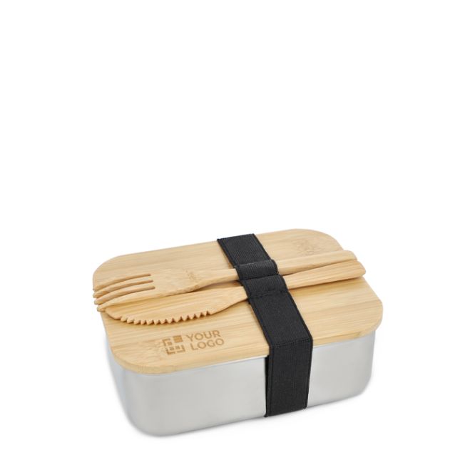 Fiambrera de acero inox con tapa de bambú,cubiertos y cierre elástico